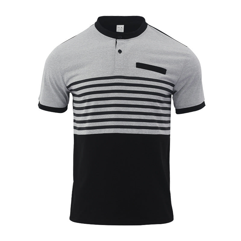 Men's short-sleeved striped short-sleeve shirt with button placket, stand-up collar and chest piping Mune Fashion