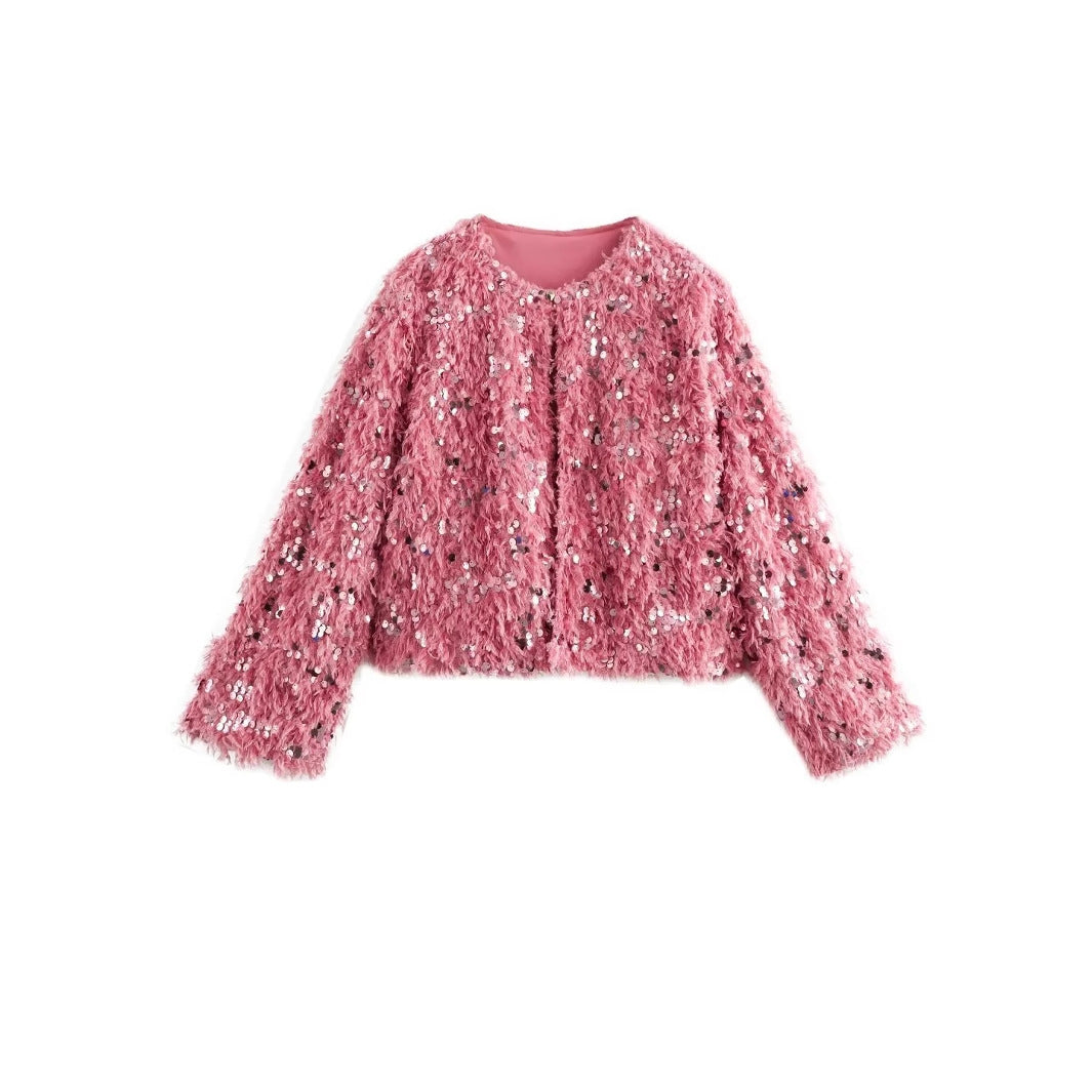 Women's Cropped Jacket made of fluffy Faux Fur with sequin trim Mune Fashion