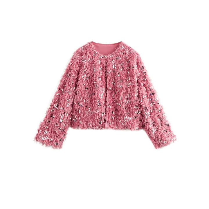 Women's Cropped Jacket made of fluffy Faux Fur with sequin trim Mune Fashion