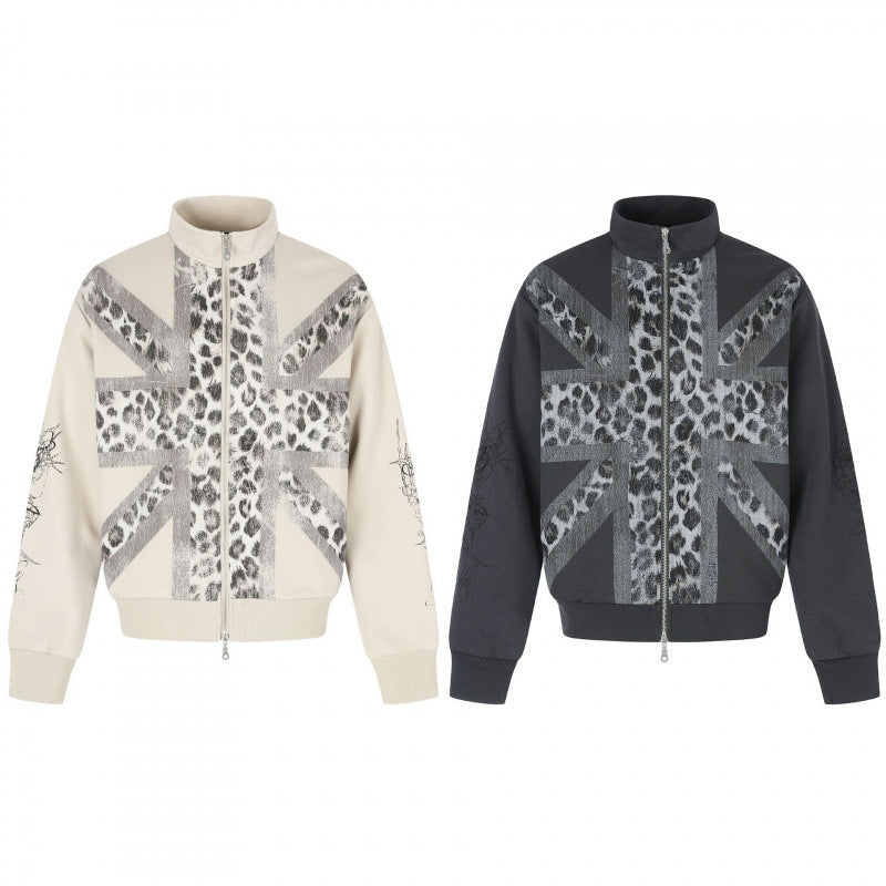 Unisex Short Cut Boxy Jacket with Zipper, High Stand Collar and Leopard Union Jack Print Mune Fashion