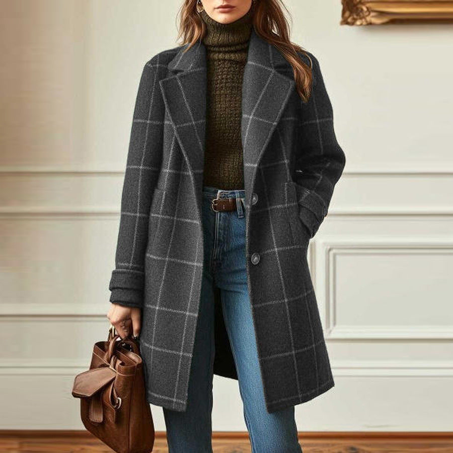 Women's checked wool blend coat with lapel collar, patch pockets, and tailored silhouette Mune Fashion