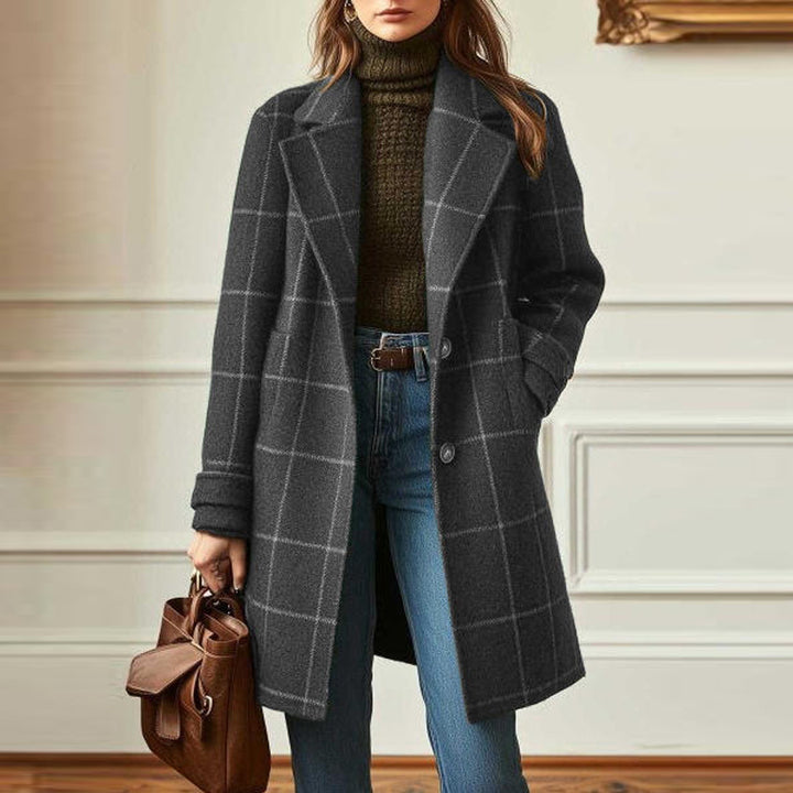 Women's checked wool blend coat with lapel collar, patch pockets, and tailored silhouette Mune Fashion