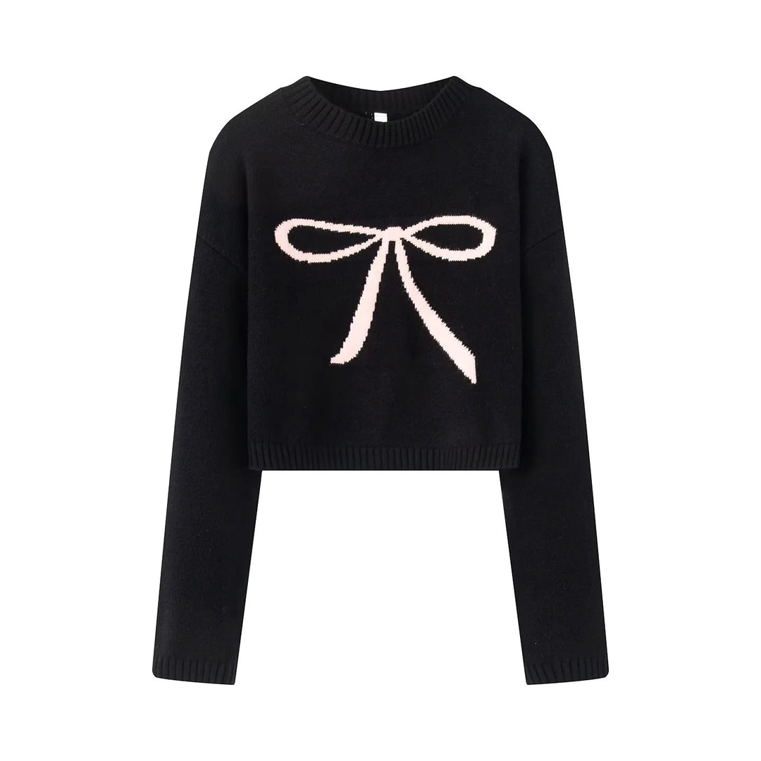 Women's short cut knitted sweater with intarsia bow motif Mune Fashion