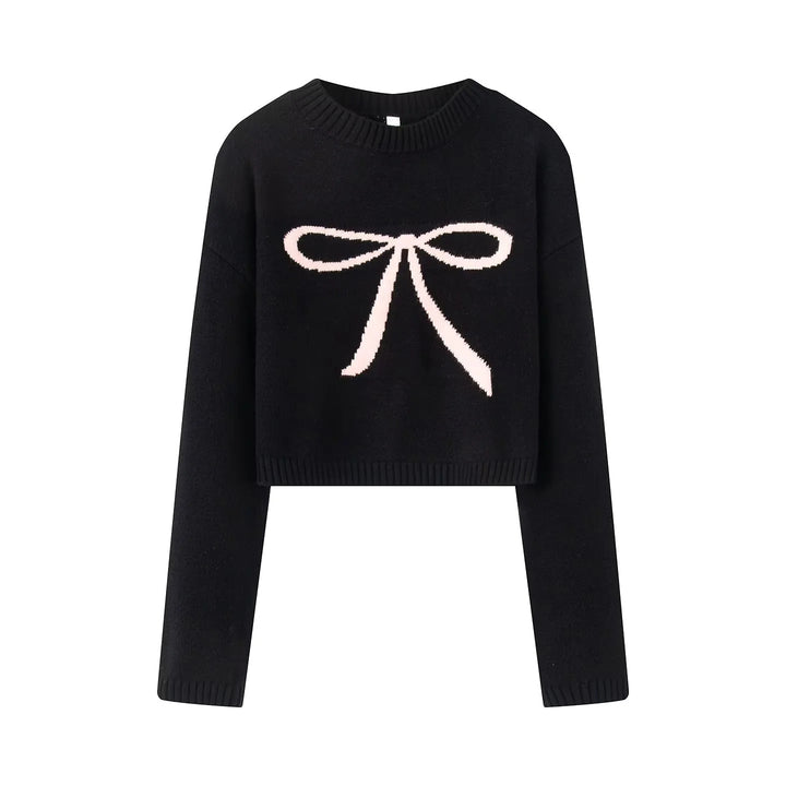 Women's short cut knitted sweater with intarsia bow motif Mune Fashion