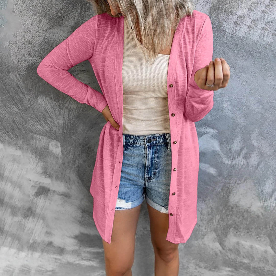Women's Lightweight Long Cardigan with Button Placket and Ribbed Fine Knit Mune Fashion