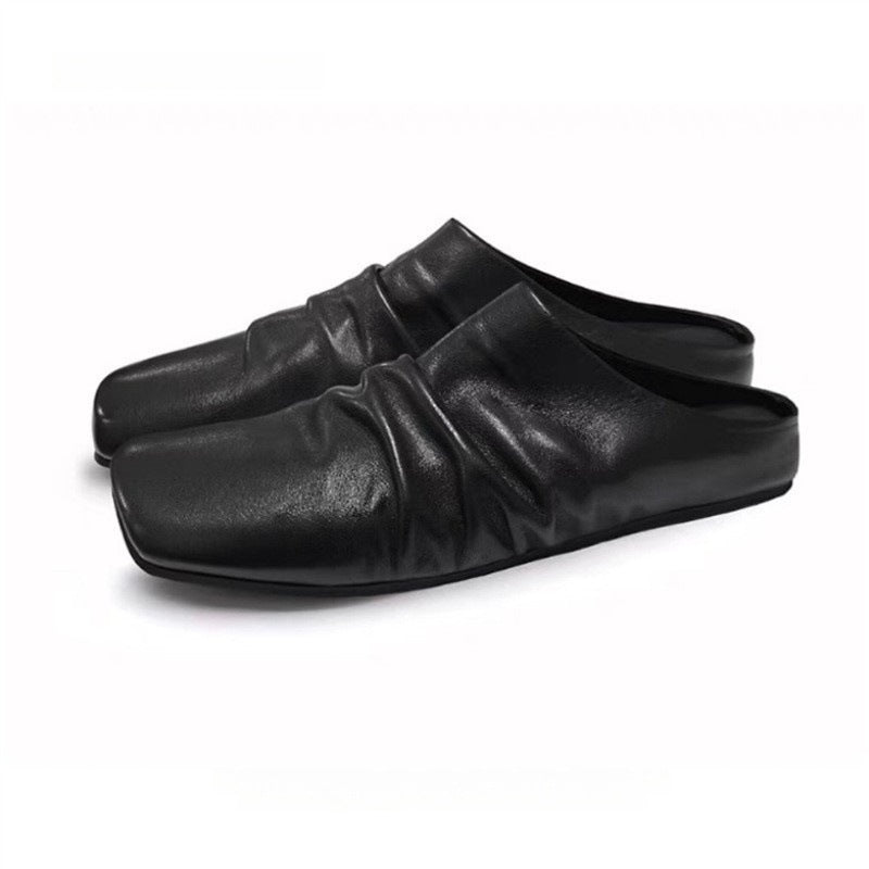 Women's Leather Mules with Square Toe and Gathered Upper Material Mune Fashion