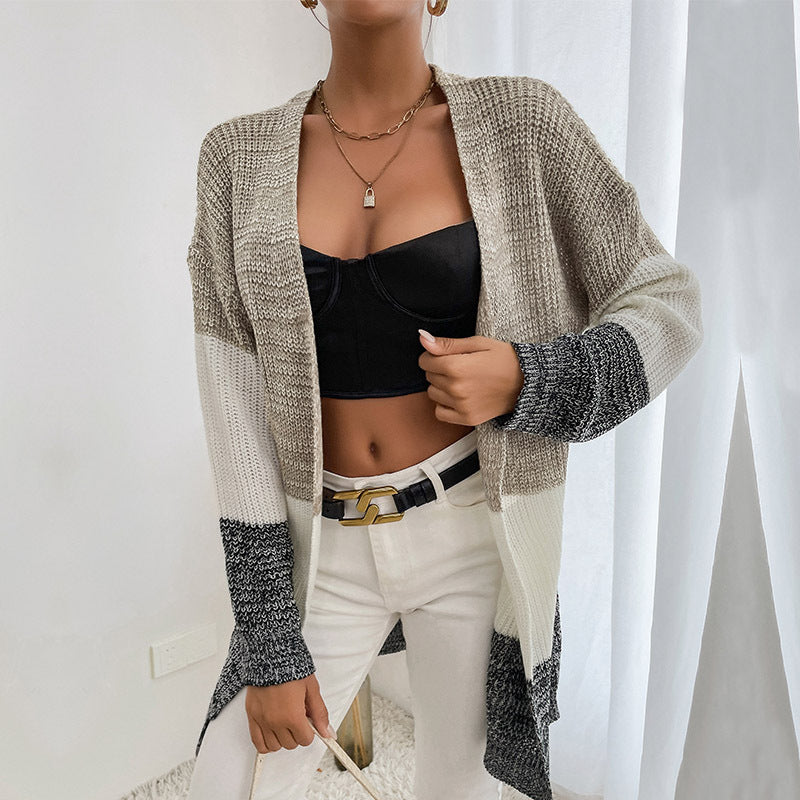 Women's Oversize Knit Cardigan with Color Block Stitch Pattern and Open Front Mune Fashion