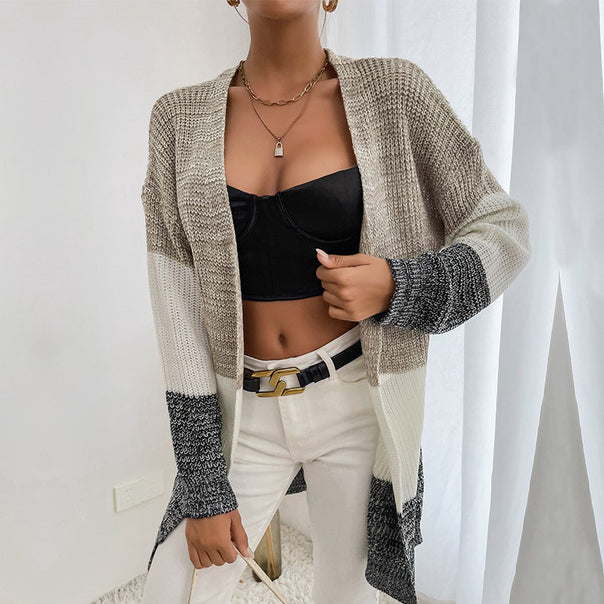Women's Oversize Knit Cardigan with Color Block Stitch Pattern and Open Front Mune Fashion