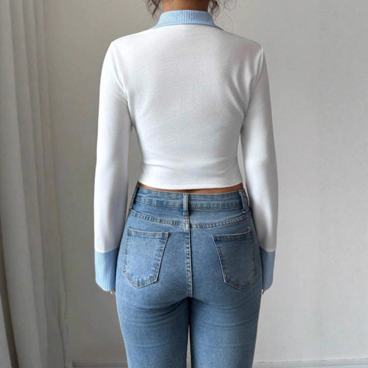 Women's Short-Cut Fine Knit Shirt Jacket with Contrast Collar and Cuff Turn-ups Mune Fashion