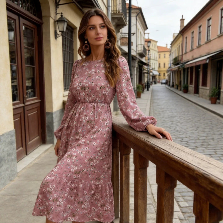 Women Elegant Flower Dress with Long Sleeves and Ruffles Mune Fashion