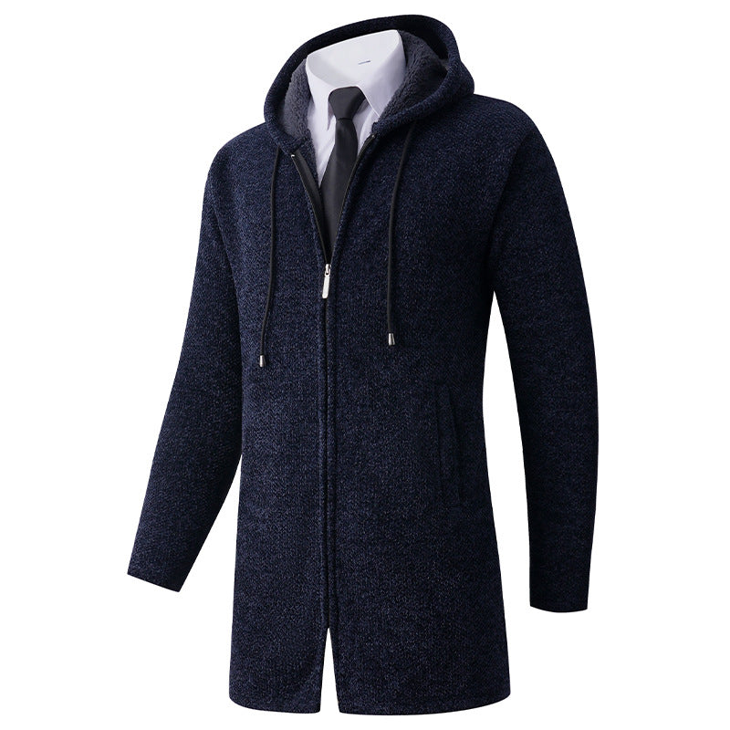 Men's fitted knit coat with hood, full-length zipper and warming teddy lining inside Mune Fashion