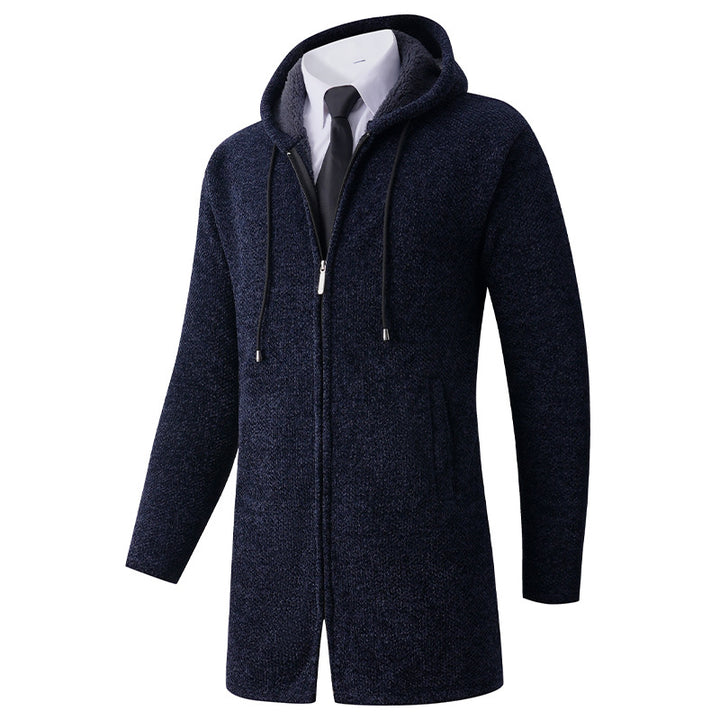 Men's fitted knit coat with hood, full-length zipper and warming teddy lining inside Mune Fashion
