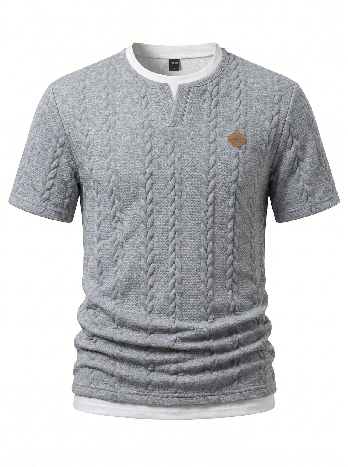Men's textured short-sleeve shirt with embossed braid structure, V-insert at the round neck and layered look Mune Fashion