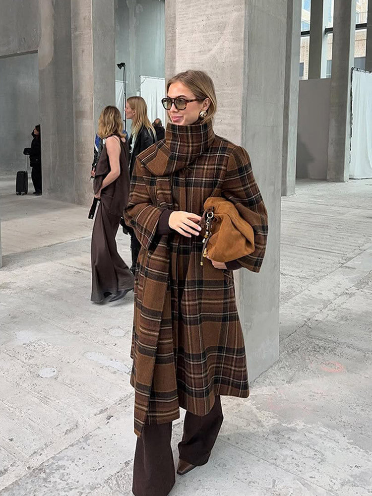 Ladies long coat in check look made of wool mix with oversized stand-up collar and bell sleeves Mune Fashion