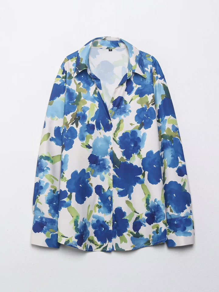 Women Loose-Fitting Silk-Like Blouse with Watercolor Print Mune Fashion