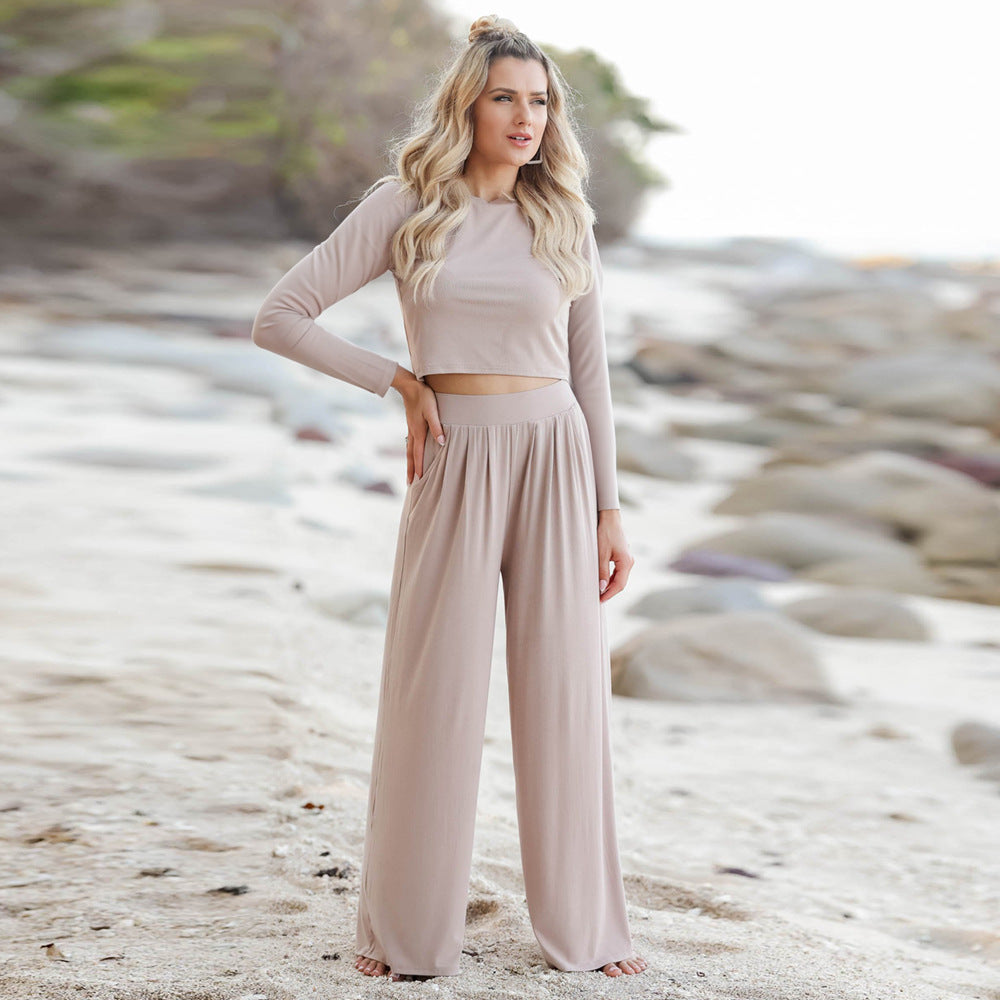 Women's Long-Sleeve Cropped Pullover and High-Waist Wide-Leg Lounge Set Mune Fashion