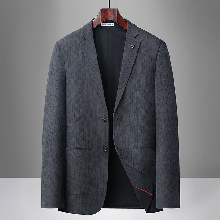 Men's Modern Business Blazer with Subtle Herringbone Pattern and Patch Pockets Mune Fashion
