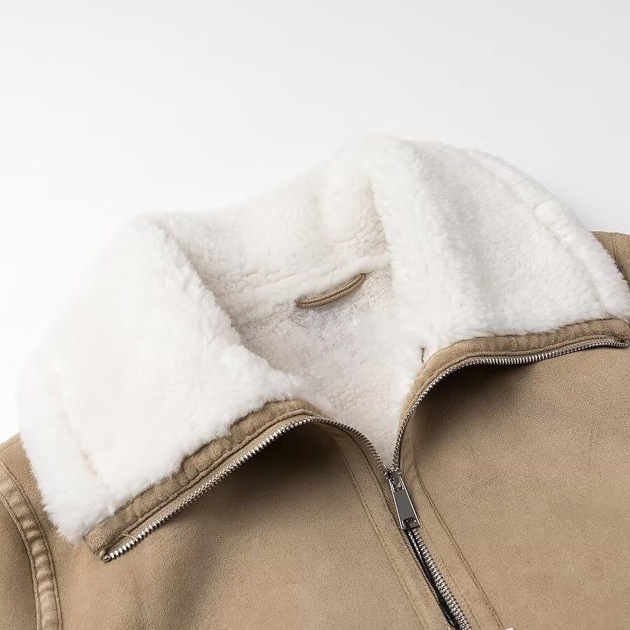 Ladies bomber jacket made of suede imitation with teddy lining and large shawl collar Mune Fashion