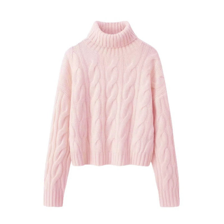 Women's Short Cropped Cable Knit Turtleneck Sweater with Boxy Silhouette Mune Fashion