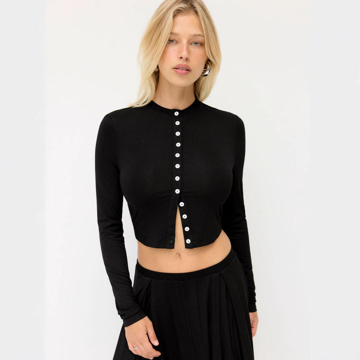 Women Cropped Cardigan with Pearl Buttons and Asymmetrical Pointed Midi Skirt Drune