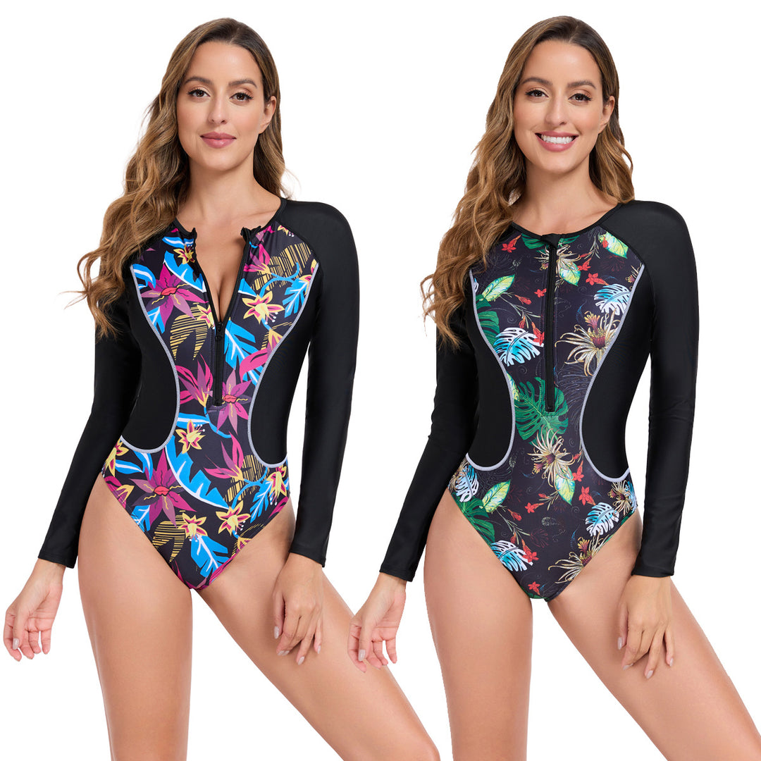Women Rashguard with Long Sleeve and Colorful Plant Pattern Mune Fashion