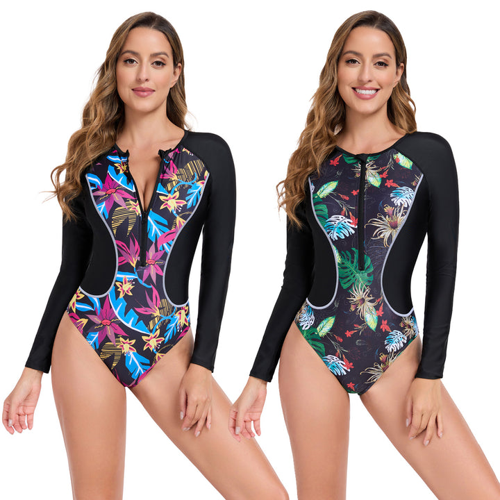 Women Rashguard with Long Sleeve and Colorful Plant Pattern Mune Fashion