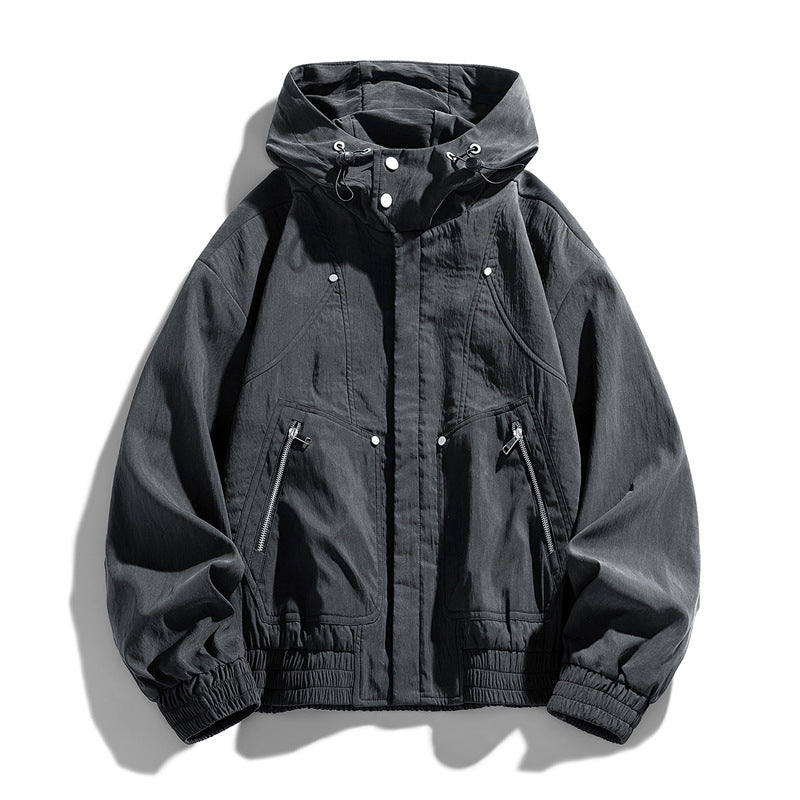 Men's Oversize Canvas Utility Hoodie Jacket with Hidden Snap Button Placket and Zipper Pockets Mune Fashion