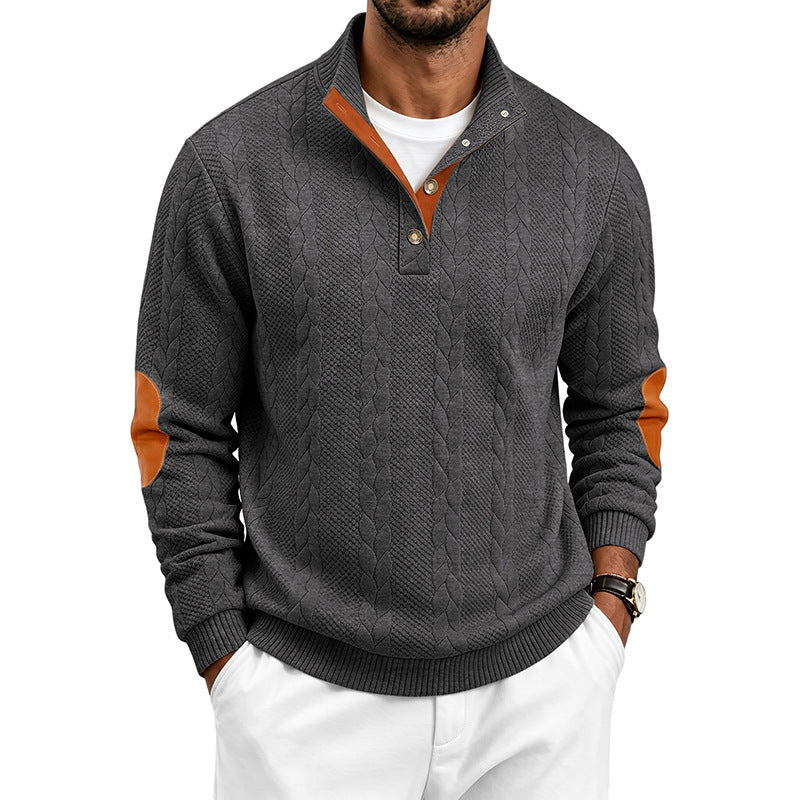Men's troyer pullover with cable pattern, elbow patches and contrasted button placket Mune Fashion