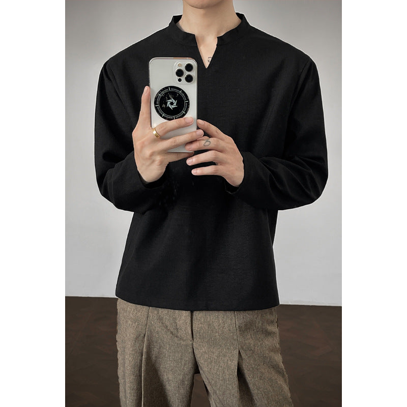 Men's Elegant Long Sleeve Top with Stand Collar Mune Fashion