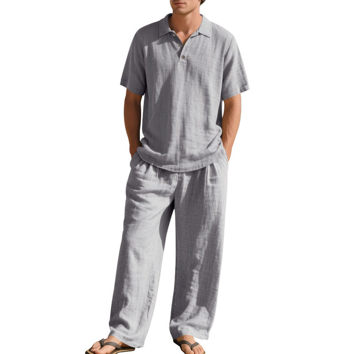 Men's airy linen ensemble with polo collar and adjustable waistband pants Mune Fashion
