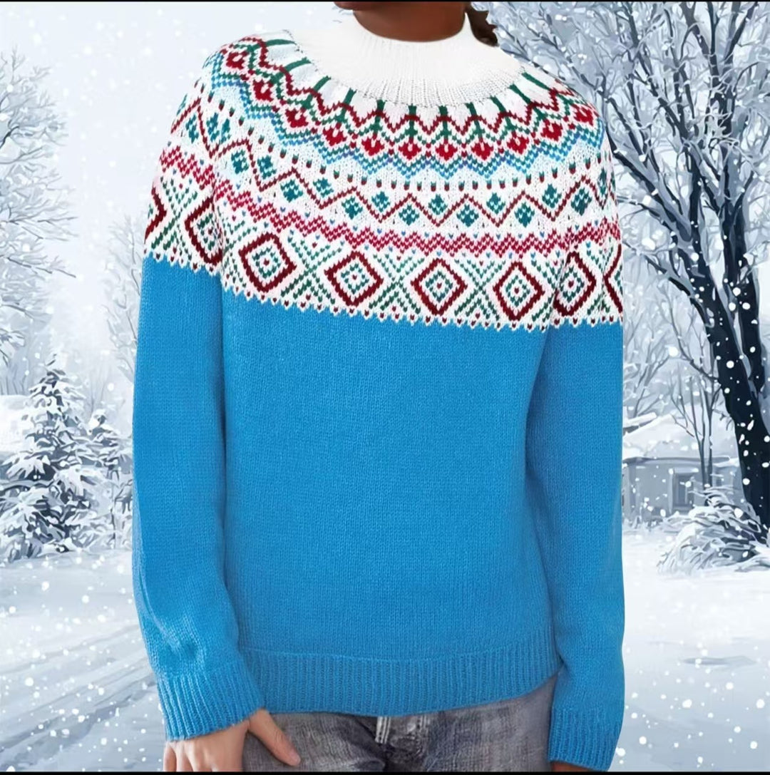 Women's gray marled round neck sweater with circular jacquard yoke and ribbed hem Mune Fashion