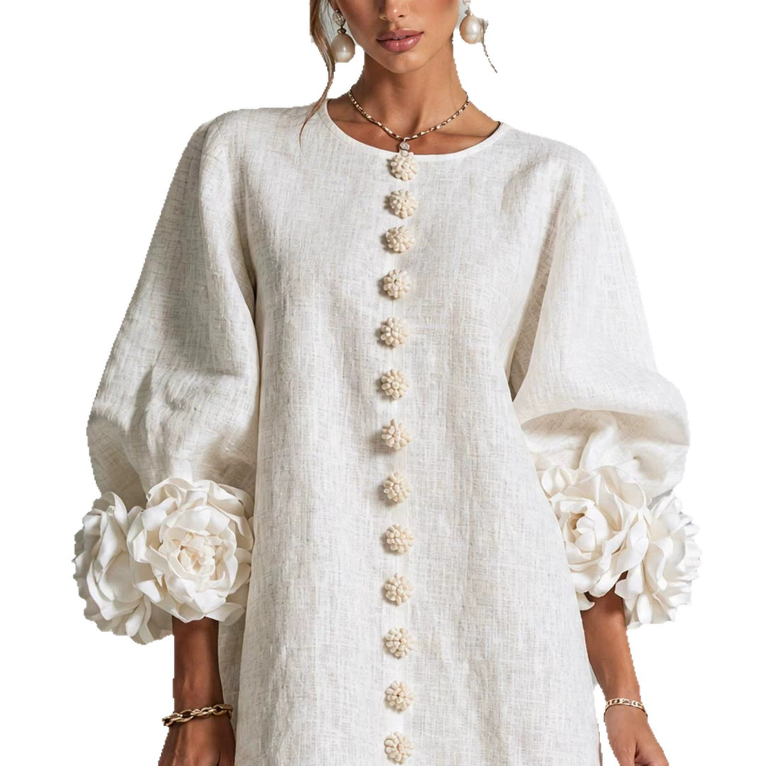Women’s midi dress with voluminous puff sleeves, 3D flower button placket and linen texture Mune Fashion