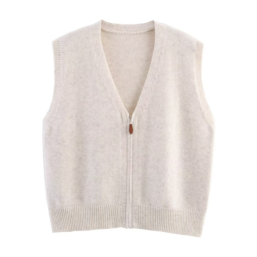 Women's knitted vest with full-length zipper and V-neck Mune Fashion