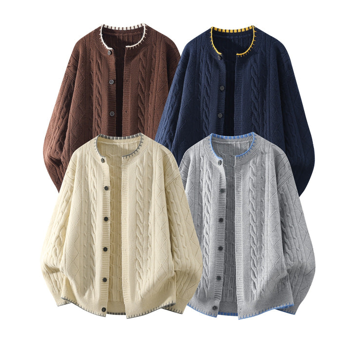 Women's Oversize Cable Knit Cardigan with Round Neck, Balloon Sleeves & Contrast Stitch Mune Fashion