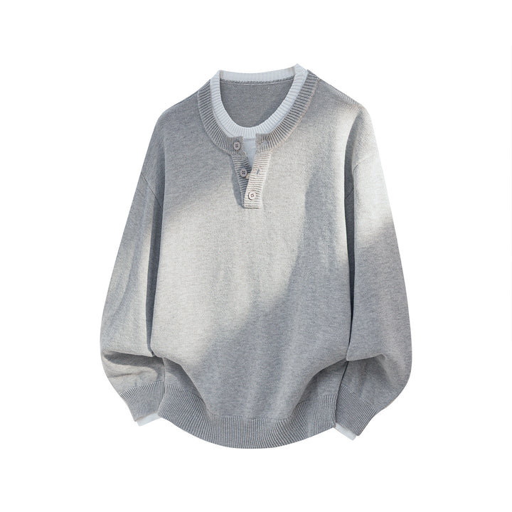 Unisex Oversize Knit Sweater with Henley Button Placket and Contrasting Inner Collar Mune Fashion