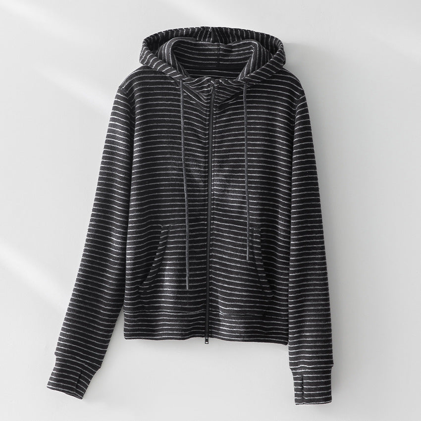 Women Striped Velvet Fleece Zip-Up Hoodie with Kangaroo Pockets Mune Fashion