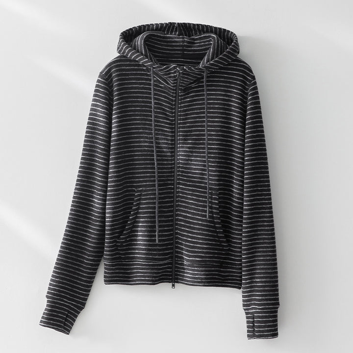 Women Striped Velvet Fleece Zip-Up Hoodie with Kangaroo Pockets Mune Fashion