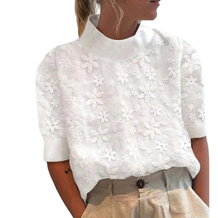 Women's embroidered short-sleeve blouse with stand-up collar and three-dimensional flower appliqué Mune Fashion