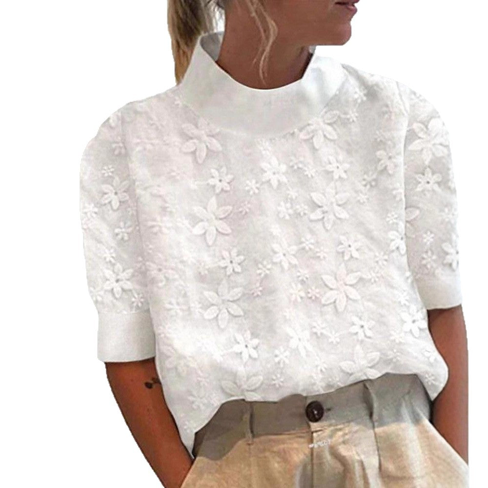Ladies non-light embroidered blouse with stand collar and three-dimensional floral appliqué Mune Fashion