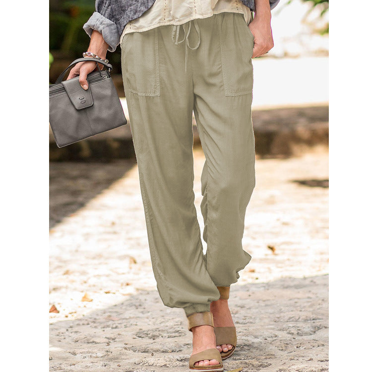 Women casual linen look jogging pants with drawstring, patch pockets and elastic cuffs Mune Fashion