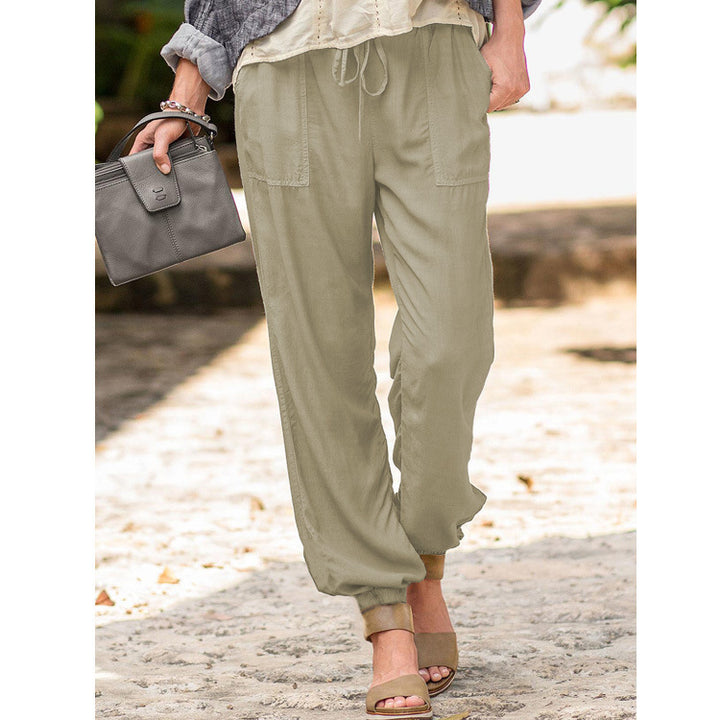 Women casual linen look jogging pants with drawstring, patch pockets and elastic cuffs Mune Fashion