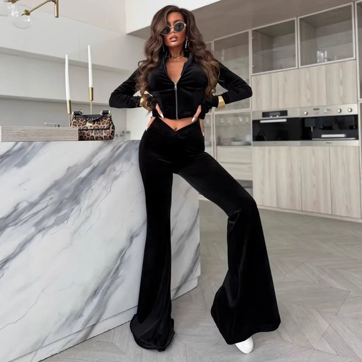 Women Velvet Cropped Set with Zipper Jacket and V-shaped High Waist Flared Pants Mune Fashion
