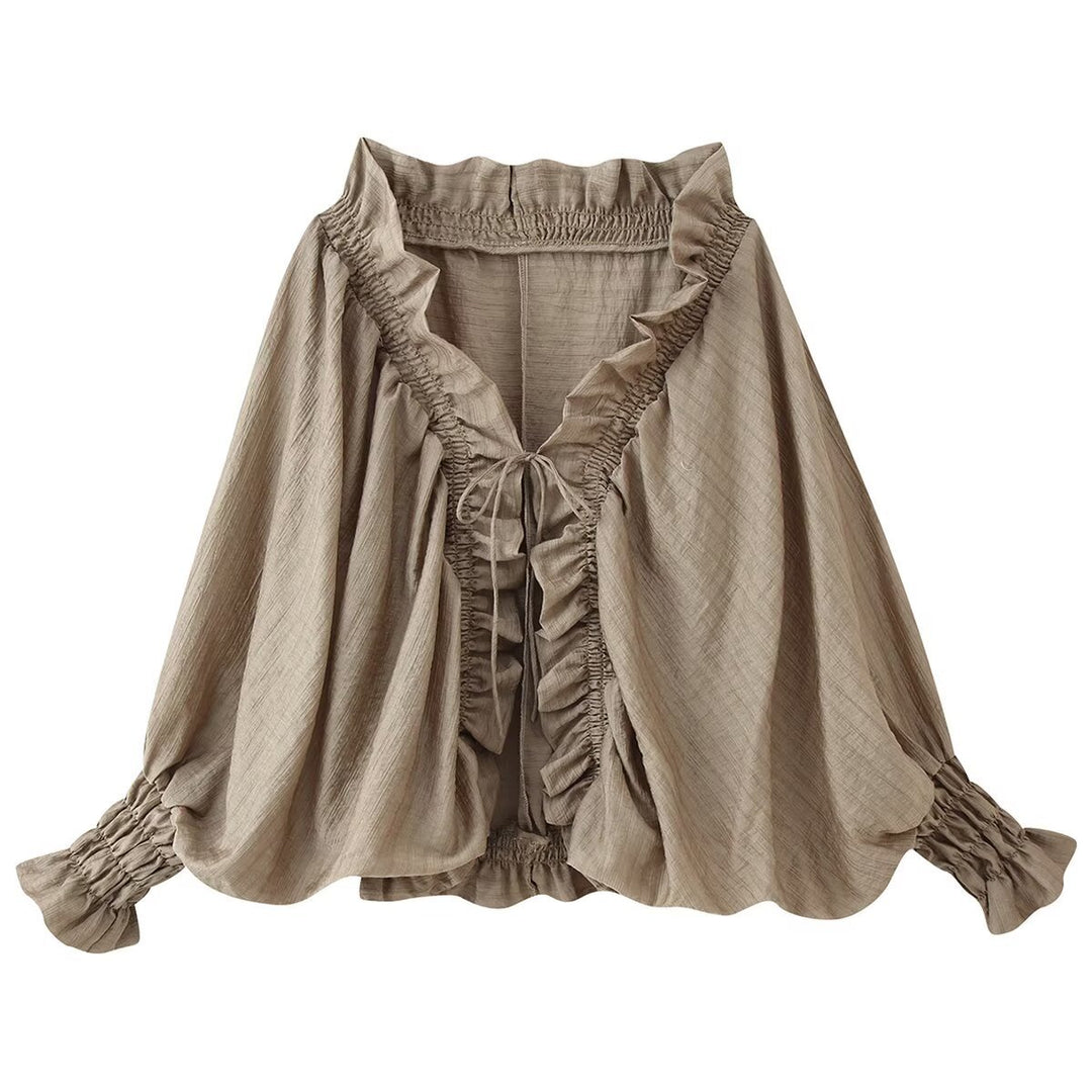 Women's Romantic Ruffle Blouse in Boho Style with Tie Band and Gathered Cuffs Mune Fashion