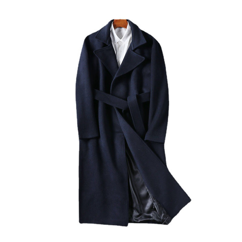 Men's extra long tailored wool blend coat with tie belt and wide shawl collar Mune Fashion