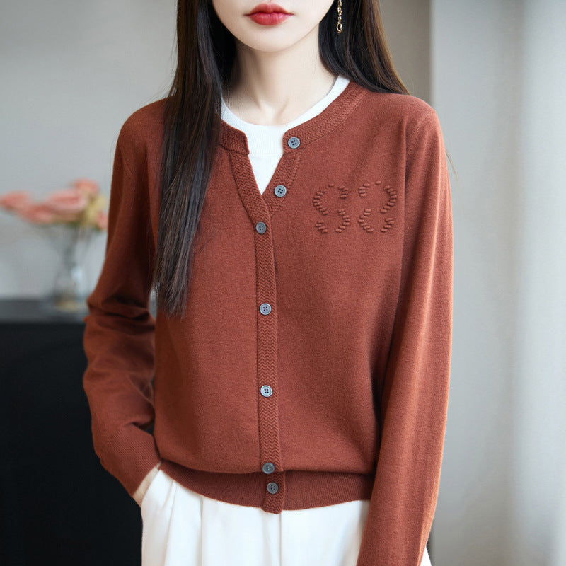 Women's Short Fine Knit Cardigan with V-slit Collar, Ribbed Trim and Subtle Structured Logo Mune Fashion