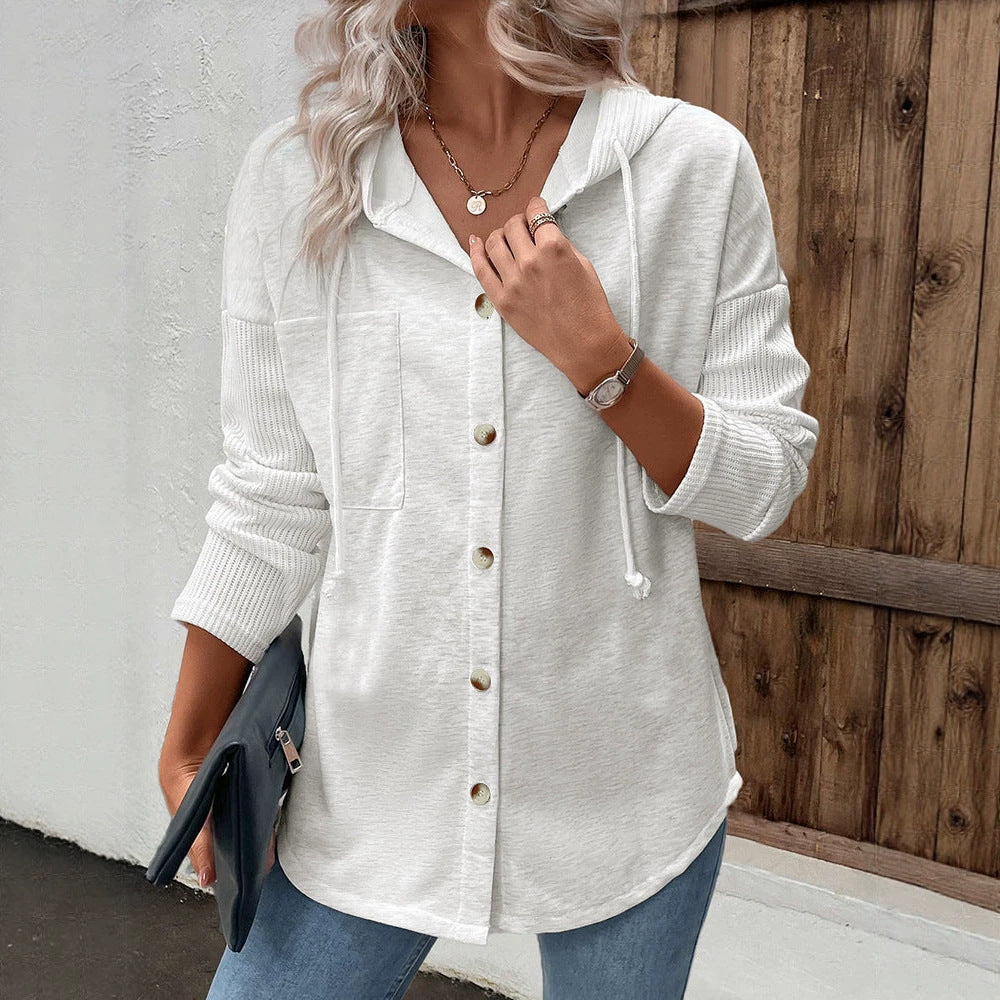 Women's hooded cardigan with button placket, contrasting ribbed sleeves, and casual longline silhouette Drune