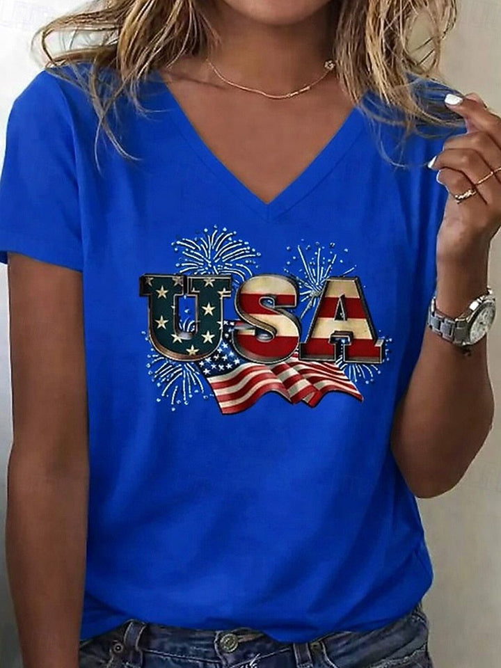 Women’s V-neck Retro Print T-shirt with Eagle Emblem and vintage-inspired Graphic Mune Fashion