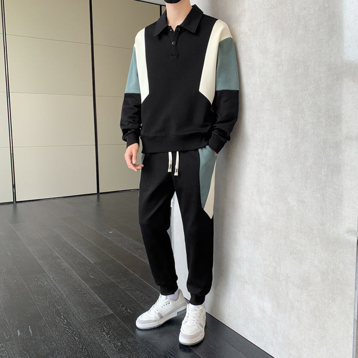 Men's Two-Piece Colorblock Tracksuit with Polo Collar & Tapered Jogging Pants Mune Fashion
