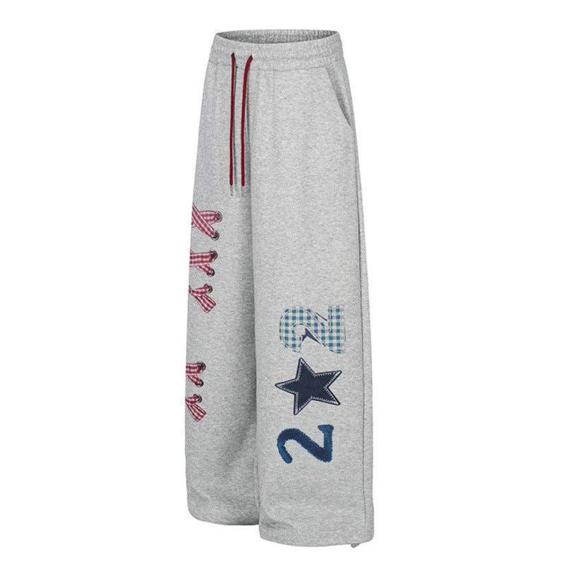 Women's Wide Palazzo Sweatpants with Plaid Pattern Applications, Drawstring Waistband and Adjustable Hem