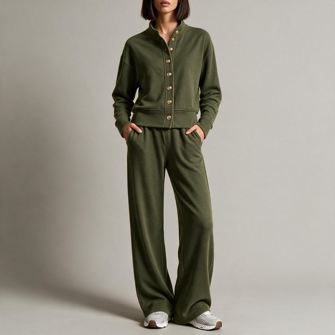 Women's sweat jacket with snap button placket, standing collar, and soft lounge cut Mune Fashion